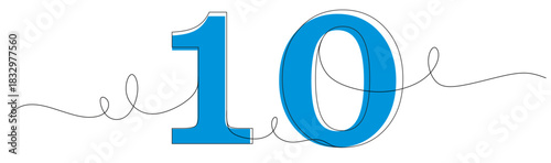 Continuous line art of the number 10 with curved and twisting lines. Vector illustration with attractive colors.
