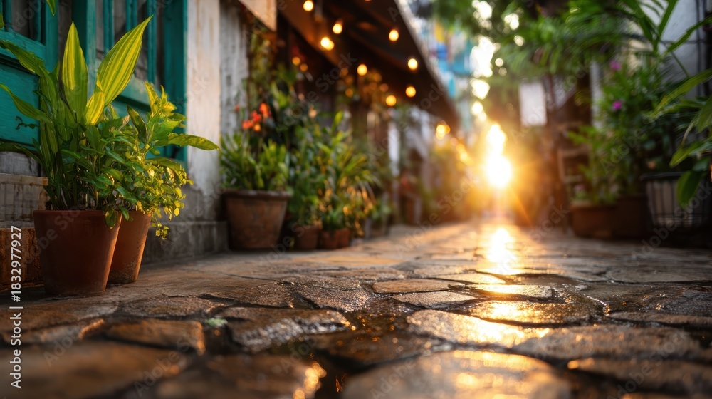 Obraz premium A beautifully illuminated alleyway adorned with vibrant pots of plants embodies a lively and warm atmosphere, perfect for leisurely strolls in a picturesque urban setting.