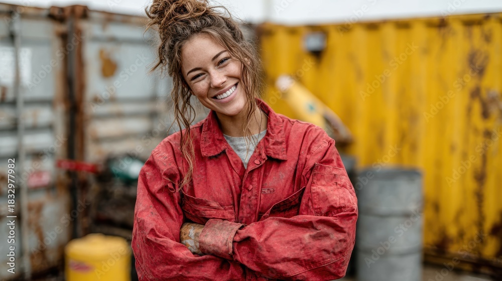 Fototapeta premium A joyful woman wearing a dirty red work outfit smiles, showcasing her hard work in a rugged, industrial setting filled with metal containers and equipment.
