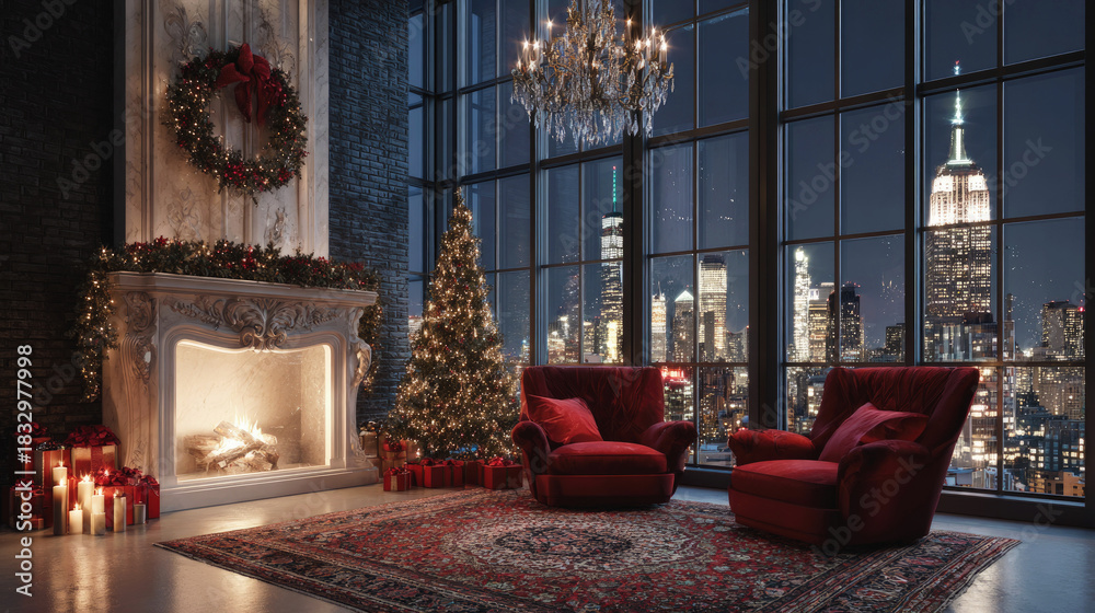 Fototapeta premium Luxurious Christmas interior with decorated fireplace, tree, gifts and city skyline view through large windows, blending festive elegance with urban holiday ambiance.