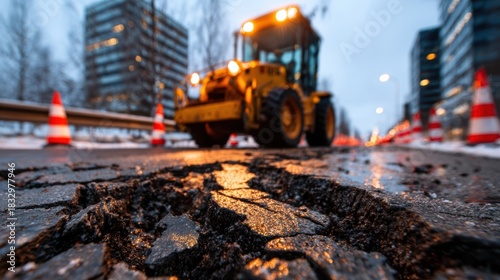 A construction vehicle is in focus near cracked pavement, highlighting the need for urban repair and revitalization in a contrasting weathered and modern setting.