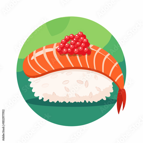 Illustration of a piece of sushi with shrimp and red caviar on top, against a green background.