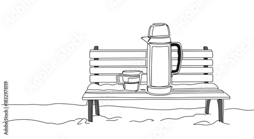 A cozy coffee setup on a wooden bench by the beach, featuring a French press and cup, with soft waves lapping at the shore, creating a serene outdoor atmosphere on a sunny day