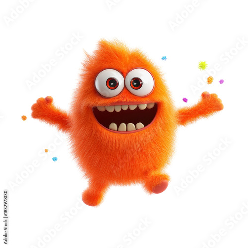Cheerful orange fluffy monster with big eyes and open mouth