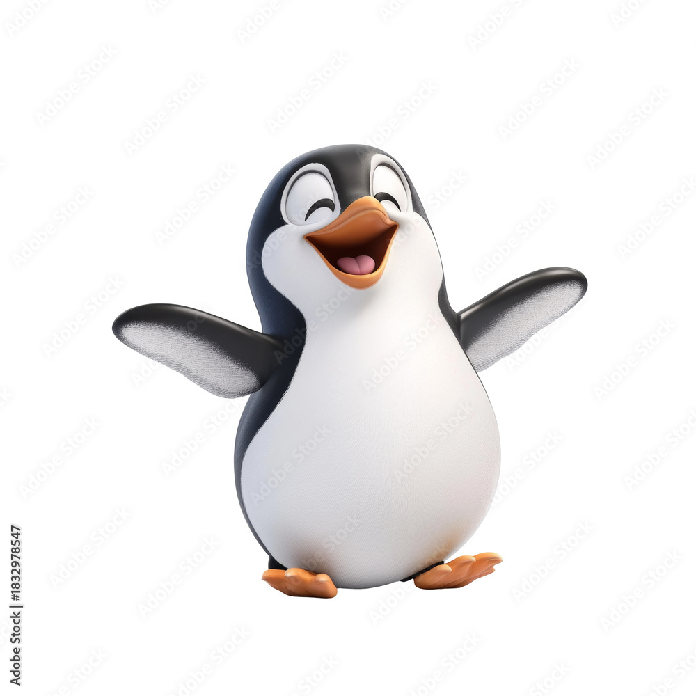 Fototapeta premium Happy cartoon penguin with open wings and joyful expression