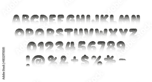 Grainy stencil font with textured letters, numbers and symbols. Retro halftone spray effect, distressed typography set for posters, graphic design, vintage titles and bold creative layouts