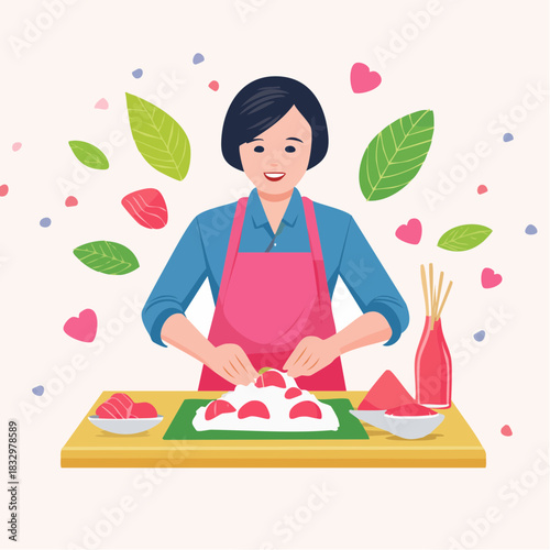 A smiling woman in a pink apron prepares sushi on a wooden table with various ingredients and utensils around her.