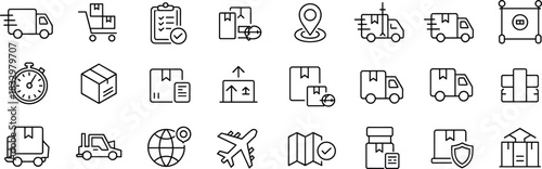 Logistics and Shipping Outline Icon Set, Delivery, Fast Transport, Global Freight, Tracking, Warehouse, Cargo, E-commerce Line Art Vector Collection