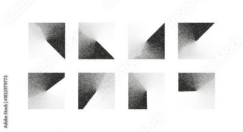 Geometric gradient grain textures with triangle and corner shapes. Abstract grain, noise and halftone effects for retro design, dotwork graphics, shading elements and modern minimalist backgrounds