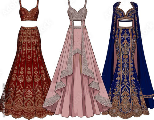 Create a kinds of different modern weeding lehenga vector art with white background.