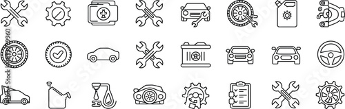 Mega Auto Service and Car Maintenance Outline Icon Set, Covering Engine Repair, Oil Change, Tires, Batteries, and Vehicle Inspection Symbols for Mechanic Services and Apps.