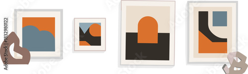 Minimalist Mid-Century Modern Abstract Wall Art Vector Set, Featuring Contemporary Paintings and Sculptures with Geometric Shapes, Ideal for Interior Design and Home Decor.