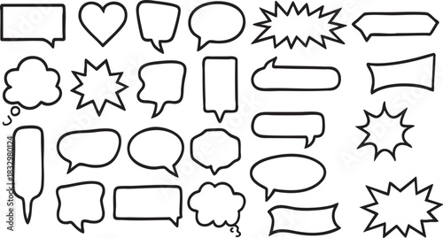 Dialogue Bubbles Vector Set: A collection of various outline style dialogue bubbles, perfect for visual communication, conveying thoughts, and adding a creative touch to any design project.