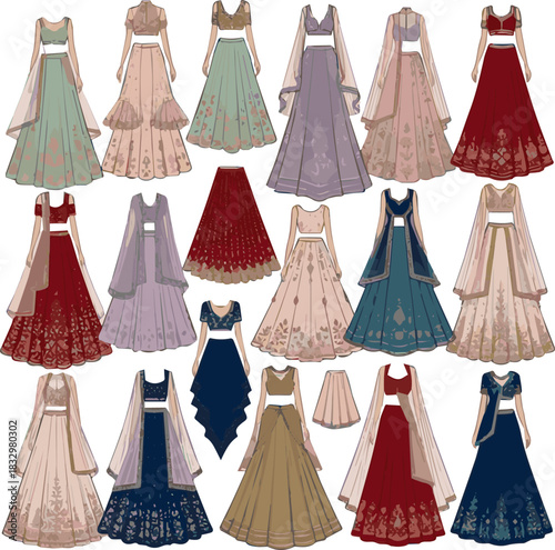 Create a kinds of different modern weeding lehenga vector art with white background.