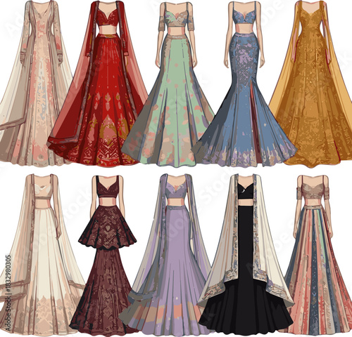 Create a kinds of different modern weeding lehenga vector art with white background.