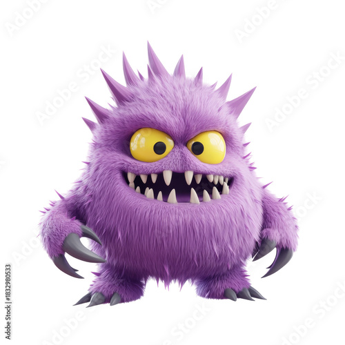 Cute purple furry cartoon monster with yellow eyes and spiky fur