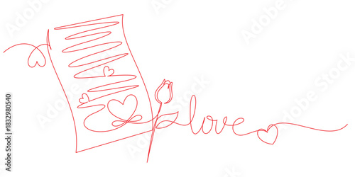 Love letter line art with hearts and flowers vector doodles.eps