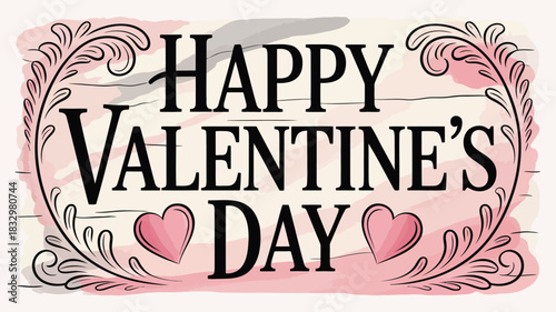 Happy valentines day text with decorative floral elements and hearts on a watercolor background perfect for greeting cards and seasonal decorations