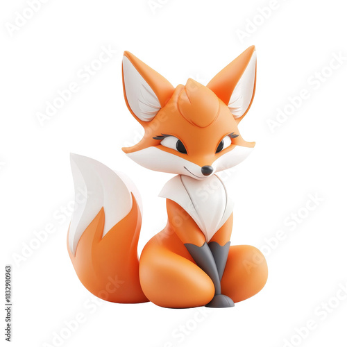 Cute cartoon fox with fluffy white tail and pointy ears on white background