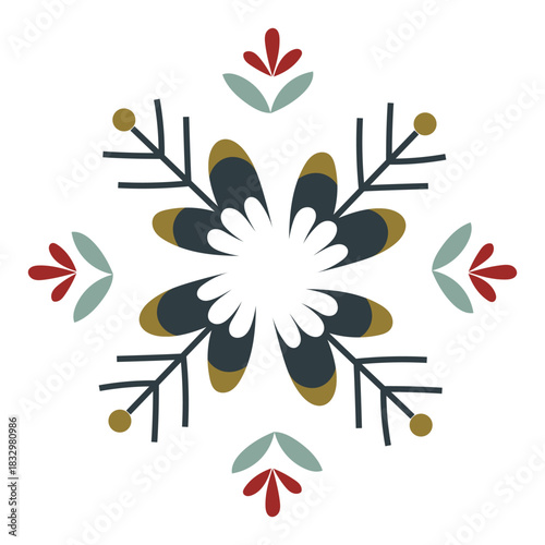 Charming folk style snowflake ornament and cool winter hues for holiday decor, greeting cards, packaging, textile design and seasonal branding. Flat vector illustration with modern Scandinavian flair
