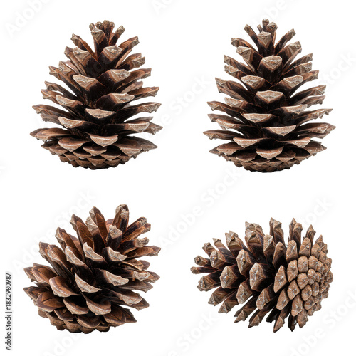 four textured ponderosa pine cones, rich brown and dusted with white winter frost, arranged elegantly in a macro shot on a seamless transparent high-key background. concept for minimalist winter