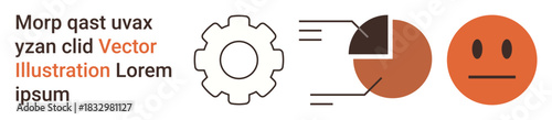 Business processes, data analytics, minimalism, communication concepts, feedback system, illustration design. Gear, pie chart and neutral faces in modern alignment. Data analytics and business