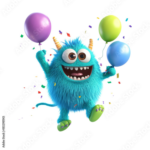 Cheerful blue monster with balloons and confetti celebration