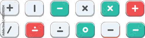 Set of Colorful Calculator and Math Operation Buttons with Plus, Minus, Multiply, and Divide Symbols for Digital Applications, UI/UX Design, and Financial Software.