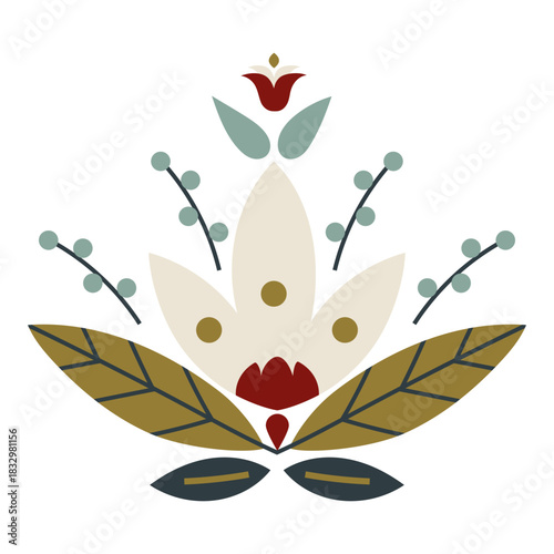 Delicate floral composition with soft leaves in gentle folk style. Ideal for seasonal packaging, holiday cards, Scandinavian decor, modern textile prints. Clean flat vector design element