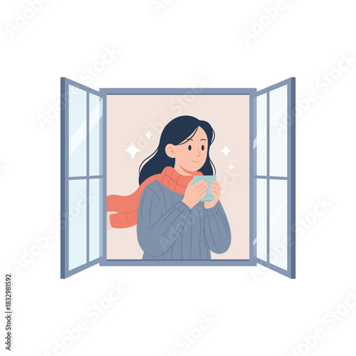 A woman drinking a warm drink while looking out an open window. Cozy winter mood with sweater and scarf. Flat vector illustration.