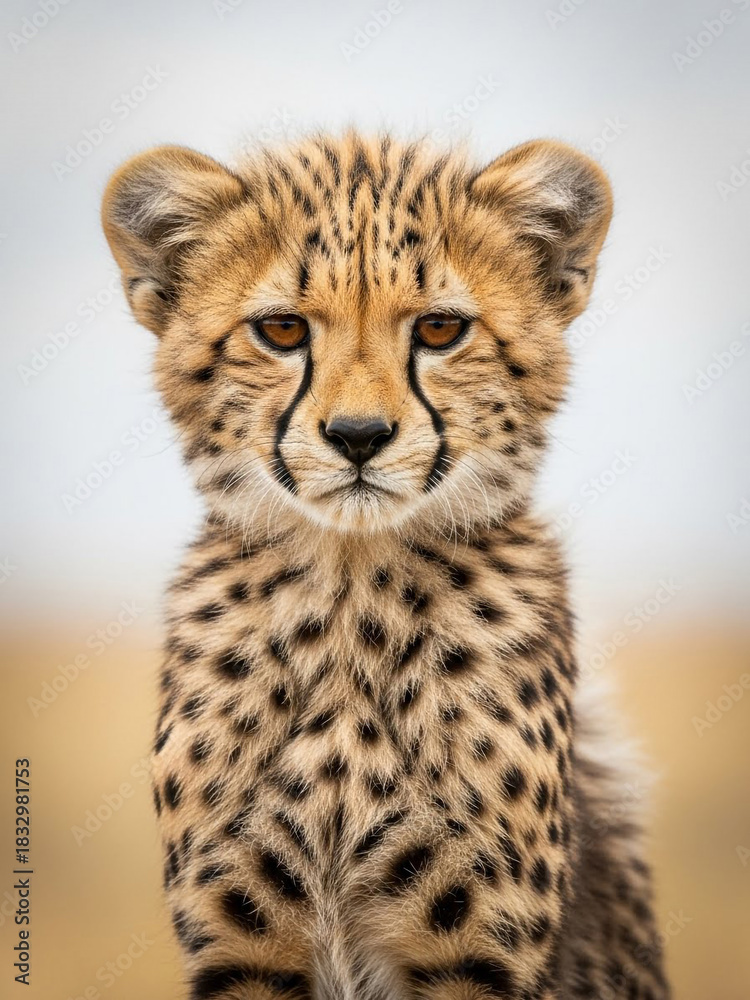 Fototapeta premium Adorable cheetah cub with piercing amber eyes gazes intently, capturing the essence of wild beauty