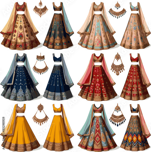 Create a kinds of different modern weeding lehenga vector art with white background.