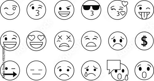 Black and White Outline Emoticons Collection, Vector Set of Various Hand-Drawn Face Icons Expressing Happiness, Sadness, Anger, Love, Winking, and Money Concept, 