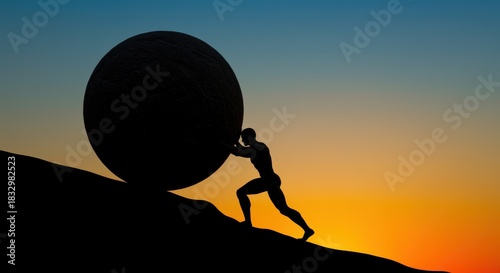 Silhouette of man pushing large boulder uphill at sunset rock