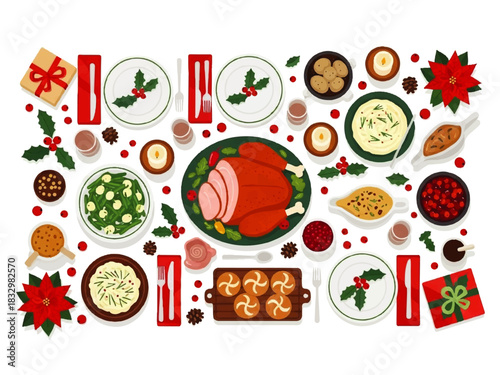 Festive holiday table setting with a roast turkey, side dishes, plates, cutlery, gifts, poinsettias, pine cones, and holly, arranged on a white background.