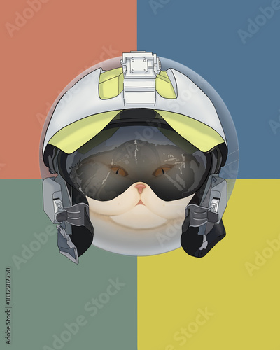 Cute Pilot Cat in Helmet on Retro Color Blocks Background