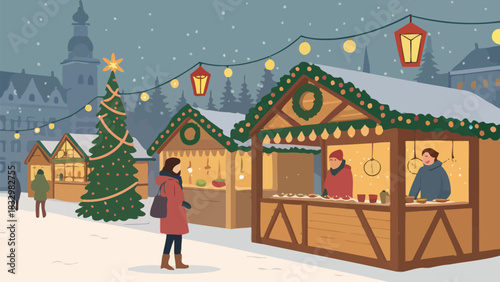 Experience the charm of a snowy Christmas market with festive stalls and twinkling lights during the holiday season
