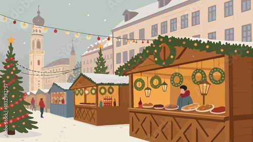 Charming winter Christmas market scene with decorated tree and vendor selling treats vector design illustration