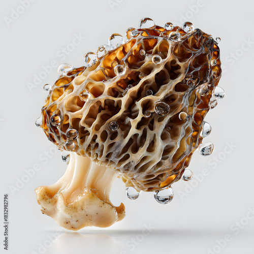 Glistening Morel Mushroom: A macro shot captures the intricate texture of a morel mushroom, adorned with glistening water droplets, showcasing nature's artistry.