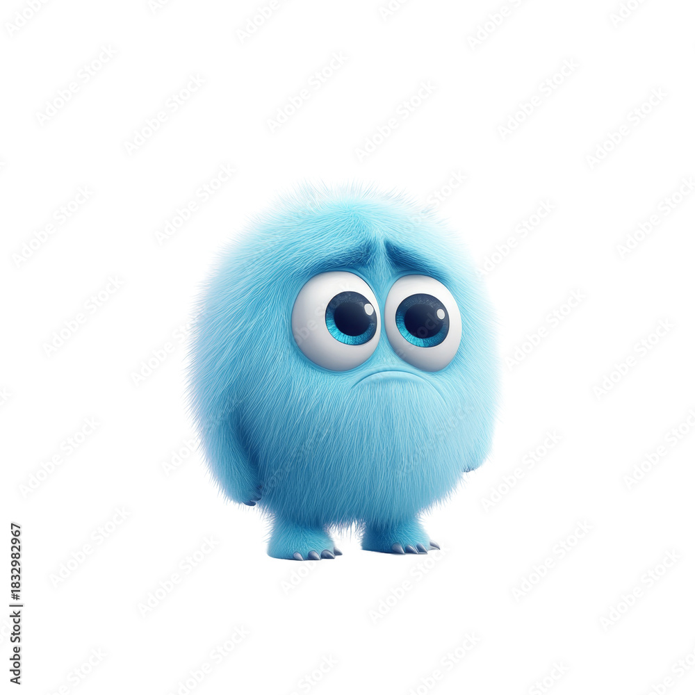 Fototapeta premium Cute blue fluffy cartoon monster with big eyes looking sad