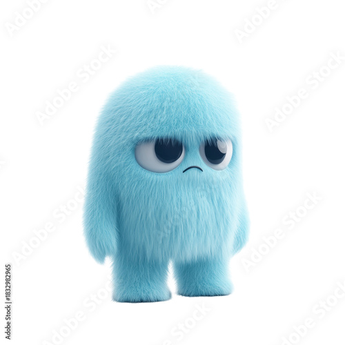 Cute fluffy blue monster with large eyes and sad expression