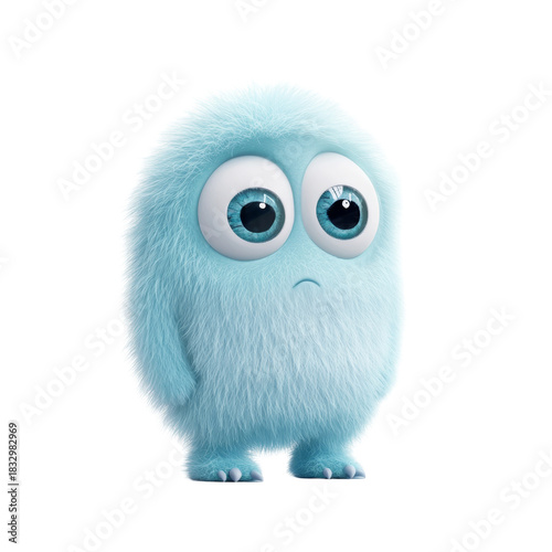 Cute fluffy blue monster with big eyes on white background