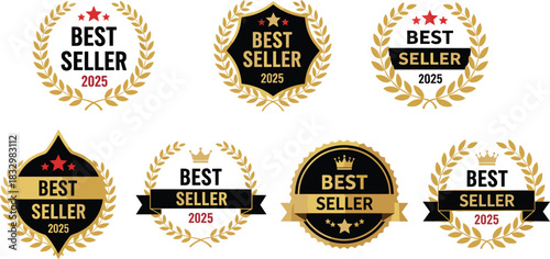 Best Seller 2025 Vector Badge Collection, Set of Gold Laurel Wreath and Ribbon Awards, E-commerce, Marketing, and Product Quality Star Logo Design Elements.