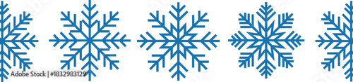 Seamless Blue Snowflake Pattern Border, Vector Decoration for Christmas and Winter Holiday Design, Repetitive Ice Crystal Graphic Element for Banners and Frames, Cold Weather Theme.