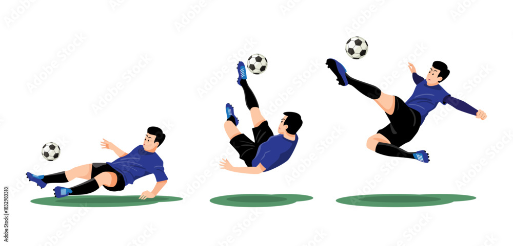 Fototapeta premium Set of soccer player is kicking the ball into the goal . Flat design cartoon character illustration . Vector .