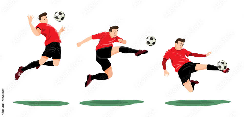 Naklejka premium Set of soccer player is kicking the ball into the goal . Flat design cartoon character illustration . Vector .