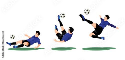 Set of soccer player is kicking the ball into the goal . Flat design cartoon character illustration . Vector .
