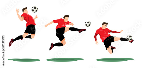 Set of soccer player is kicking the ball into the goal . Flat design cartoon character illustration . Vector .