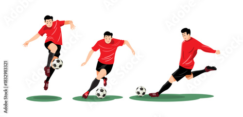 Set of soccer player is kicking the ball into the goal . Flat design cartoon character illustration . Vector .