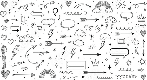 Hand-Drawn Doodle Elements Vector Set, Sketch Collection of Arrows, Hearts, Speech Bubbles, Crowns, Lightning Bolts, and Rainbows, Graphic Design Assets for decoration.